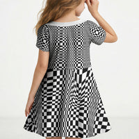 Black White Filipino Binakol Motifs Kid Short Sleeve Dress Mabuhay Philippines Festival Kusikus Pattern LT14 - Polynesian Pride