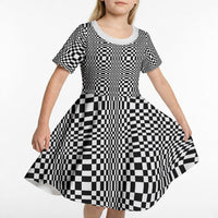 Black White Filipino Binakol Motifs Kid Short Sleeve Dress Mabuhay Philippines Festival Kusikus Pattern LT14 - Polynesian Pride