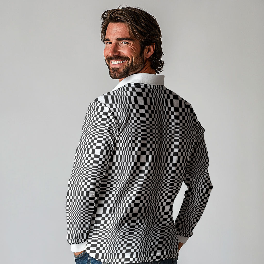 Black White Filipino Binakol Motifs Long Sleeve Polo Shirt Mabuhay Philippines Festival Kusikus Pattern LT14 - Polynesian Pride