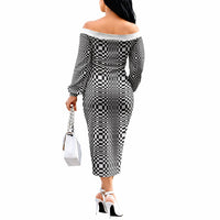 Black White Filipino Binakol Motifs Off The Shoulder Long Sleeve Dress Mabuhay Philippines Festival Kusikus Pattern LT14 - Polynesian Pride