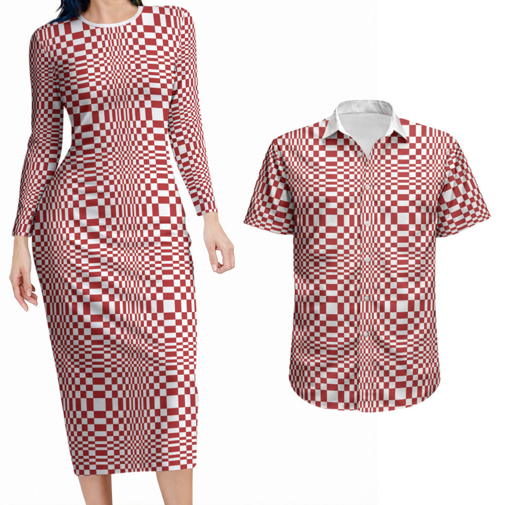 Red White Filipino Binakol Motifs Couples Matching Long Sleeve Bodycon Dress and Hawaiian Shirt Mabuhay Philippines Festival Kusikus Pattern LT14 Red - Polynesian Pride