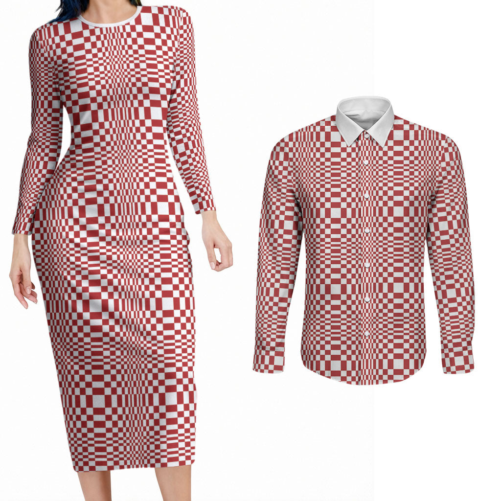 Red White Filipino Binakol Motifs Couples Matching Long Sleeve Bodycon Dress and Long Sleeve Button Shirt Mabuhay Philippines Festival Kusikus Pattern LT14 Red - Polynesian Pride