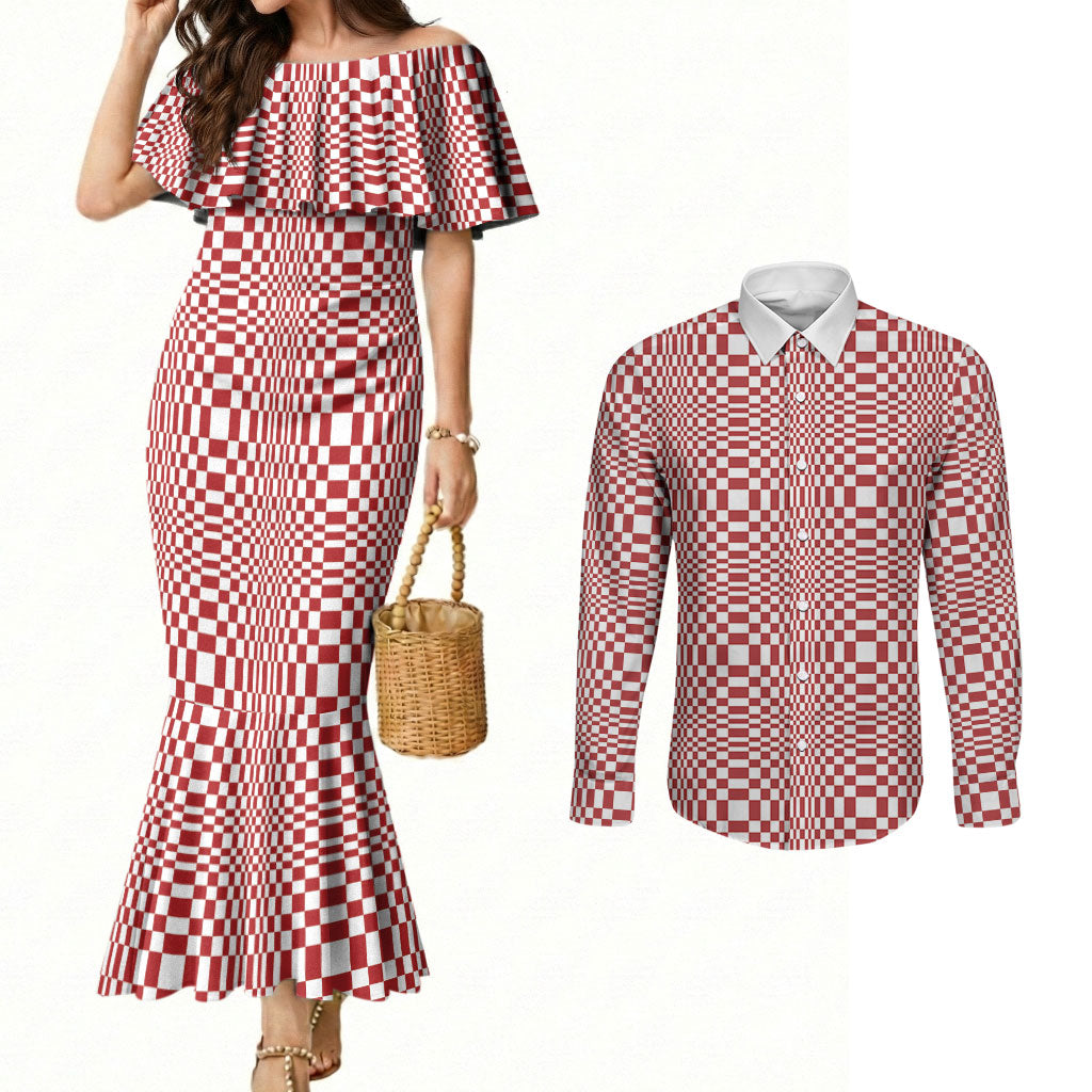 Red White Filipino Binakol Motifs Couples Matching Mermaid Dress and Long Sleeve Button Shirt Mabuhay Philippines Festival Kusikus Pattern LT14 Red - Polynesian Pride