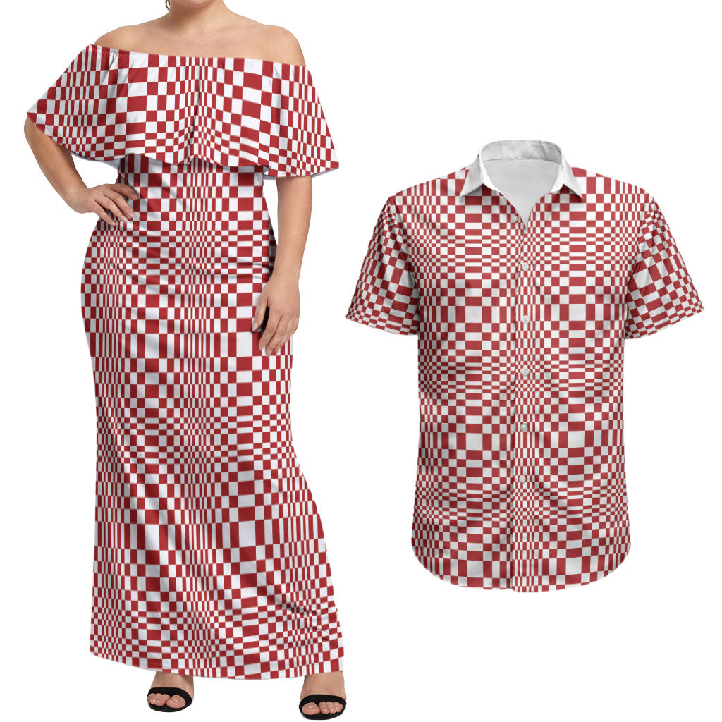 Red White Filipino Binakol Motifs Couples Matching Off Shoulder Maxi Dress and Hawaiian Shirt Mabuhay Philippines Festival Kusikus Pattern LT14 Red - Polynesian Pride