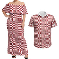 Red White Filipino Binakol Motifs Couples Matching Off Shoulder Maxi Dress and Hawaiian Shirt Mabuhay Philippines Festival Kusikus Pattern LT14 Red - Polynesian Pride