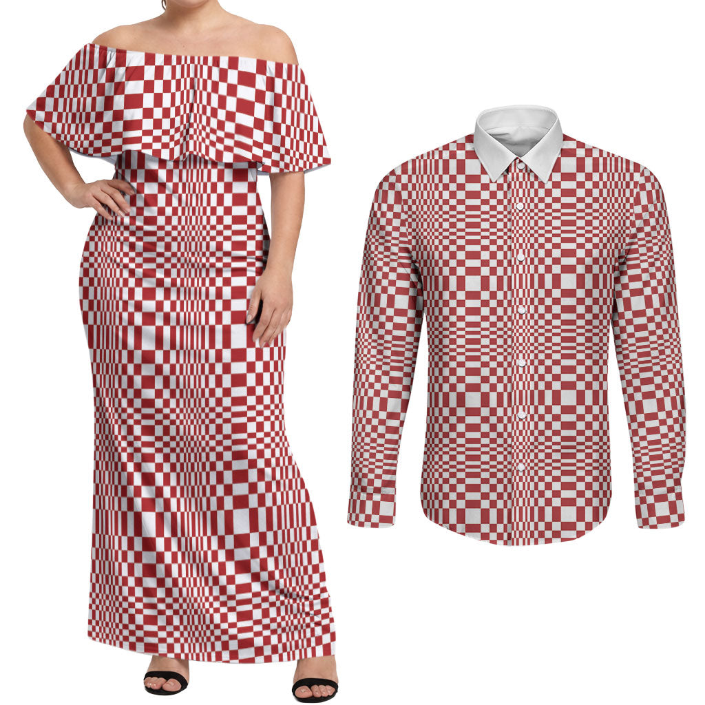 Red White Filipino Binakol Motifs Couples Matching Off Shoulder Maxi Dress and Long Sleeve Button Shirt Mabuhay Philippines Festival Kusikus Pattern LT14 Red - Polynesian Pride