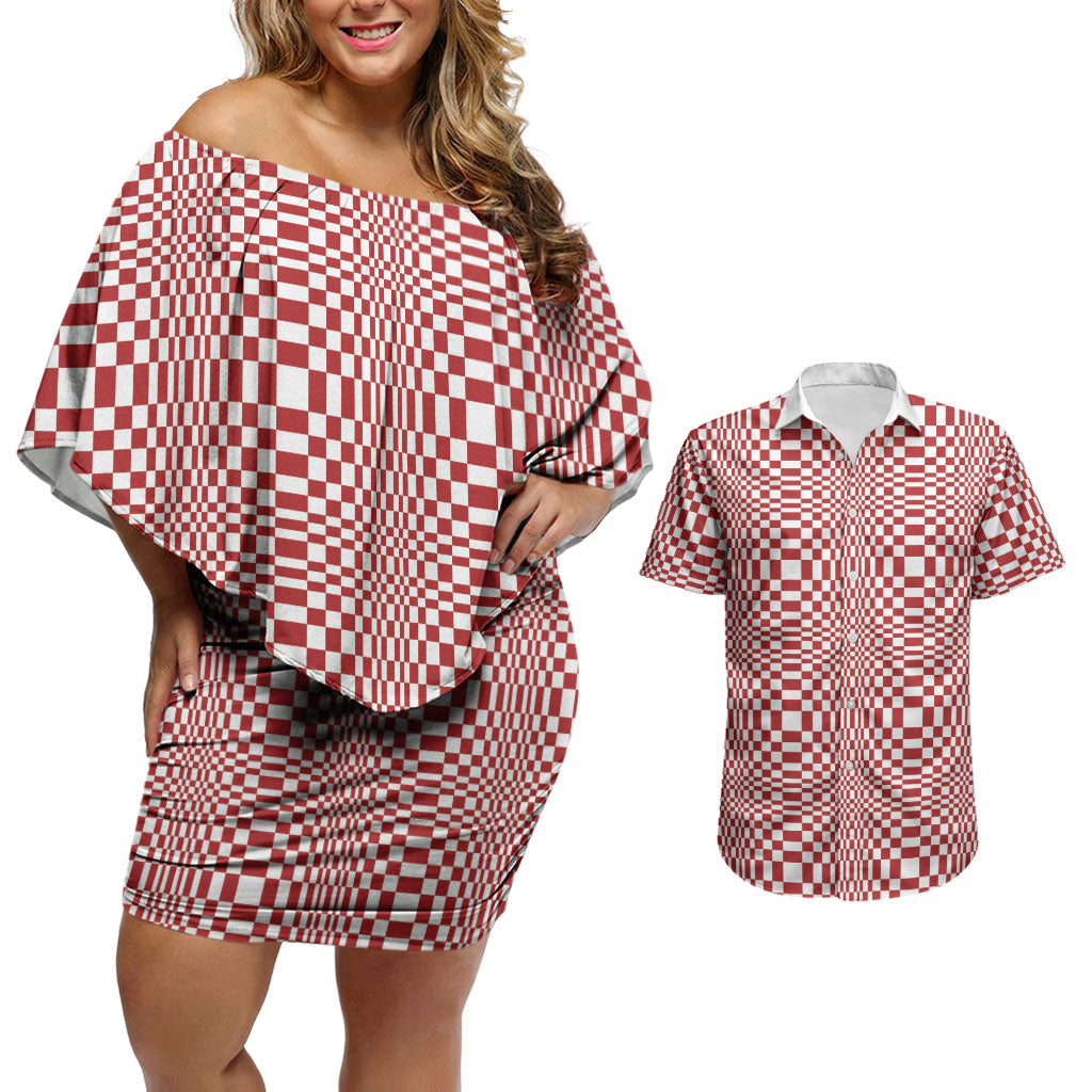 Red White Filipino Binakol Motifs Couples Matching Off Shoulder Short Dress and Hawaiian Shirt Mabuhay Philippines Festival Kusikus Pattern