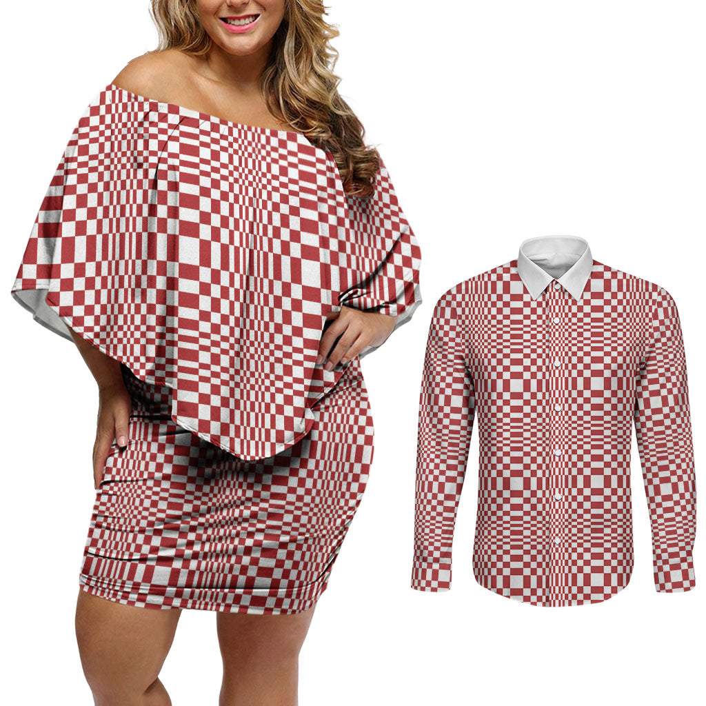 Red White Filipino Binakol Motifs Couples Matching Off Shoulder Short Dress and Long Sleeve Button Shirt Mabuhay Philippines Festival Kusikus Pattern