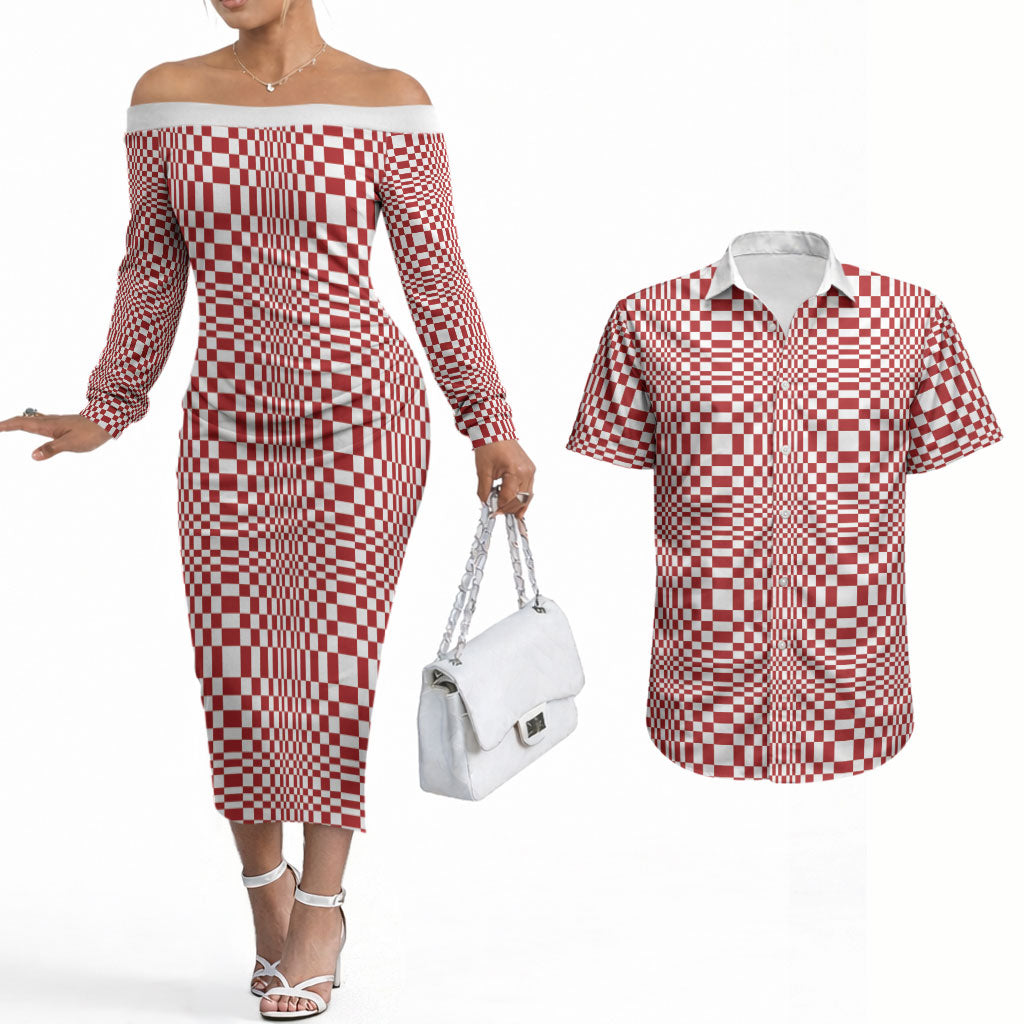 Red White Filipino Binakol Motifs Couples Matching Off The Shoulder Long Sleeve Dress and Hawaiian Shirt Mabuhay Philippines Festival Kusikus Pattern LT14 Red - Polynesian Pride