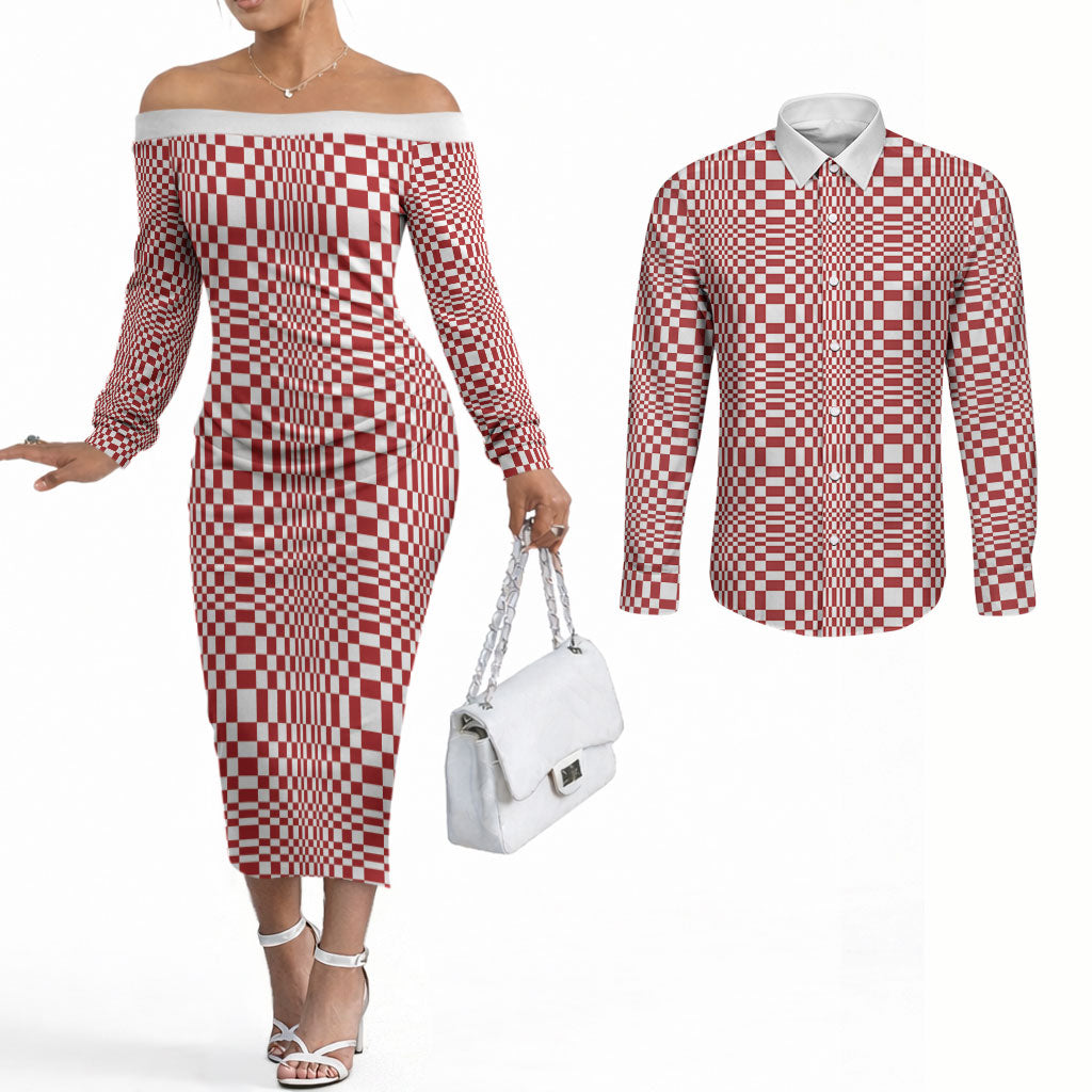 Red White Filipino Binakol Motifs Couples Matching Off The Shoulder Long Sleeve Dress and Long Sleeve Button Shirt Mabuhay Philippines Festival Kusikus Pattern LT14 Red - Polynesian Pride