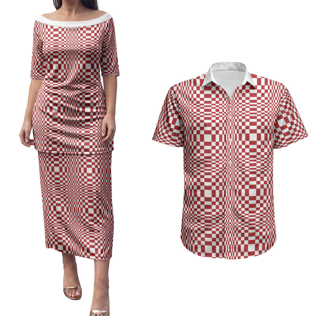 Red White Filipino Binakol Motifs Couples Matching Puletasi and Hawaiian Shirt Mabuhay Philippines Festival Kusikus Pattern LT14 Red - Polynesian Pride