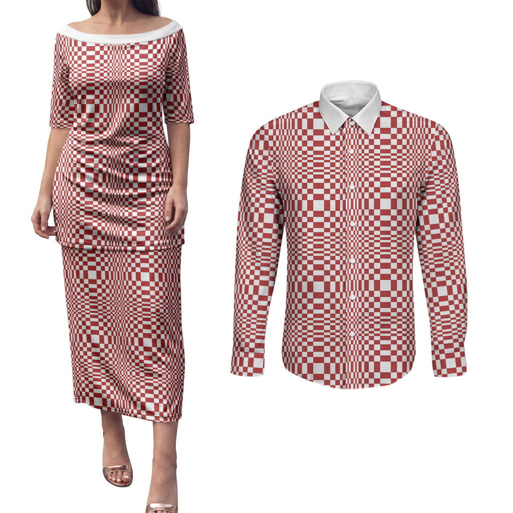 Red White Filipino Binakol Motifs Couples Matching Puletasi and Long Sleeve Button Shirt Mabuhay Philippines Festival Kusikus Pattern LT14 Red - Polynesian Pride