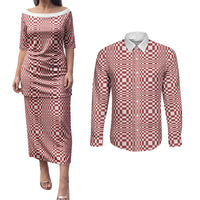 Red White Filipino Binakol Motifs Couples Matching Puletasi and Long Sleeve Button Shirt Mabuhay Philippines Festival Kusikus Pattern LT14 Red - Polynesian Pride