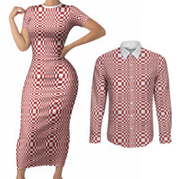 Red White Filipino Binakol Motifs Couples Matching Short Sleeve Bodycon Dress and Long Sleeve Button Shirt Mabuhay Philippines Festival Kusikus Pattern LT14 Red - Polynesian Pride