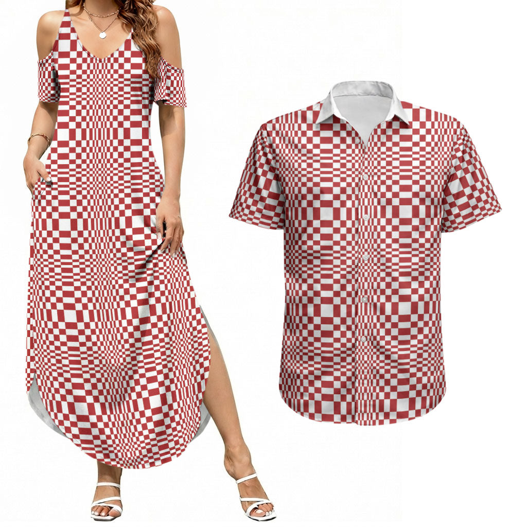 Red White Filipino Binakol Motifs Couples Matching Summer Maxi Dress and Hawaiian Shirt Mabuhay Philippines Festival Kusikus Pattern LT14 Red - Polynesian Pride