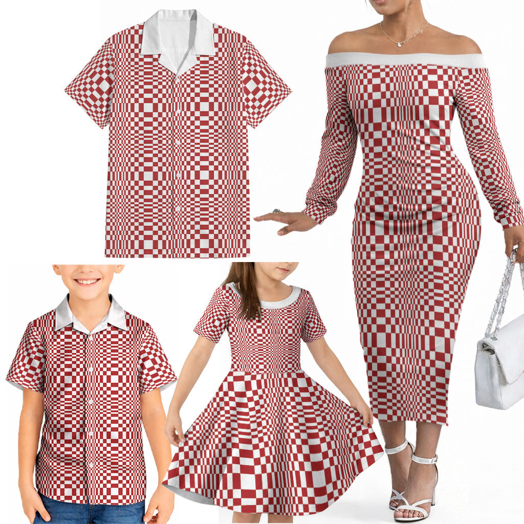 Red White Filipino Binakol Motifs Family Matching Off The Shoulder Long Sleeve Dress and Hawaiian Shirt Mabuhay Philippines Festival Kusikus Pattern LT14 - Polynesian Pride