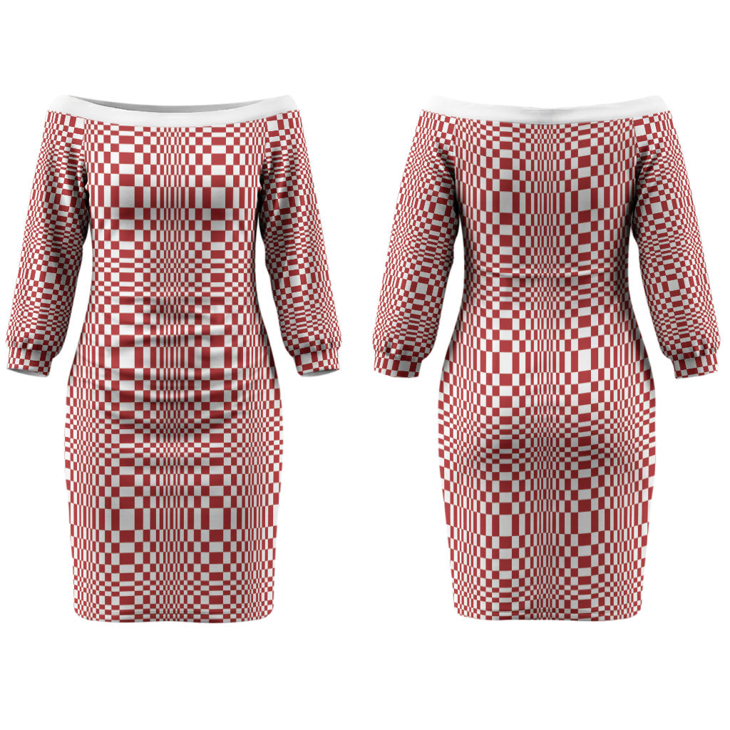 Red White Filipino Binakol Motifs Family Matching Off The Shoulder Long Sleeve Dress and Hawaiian Shirt Mabuhay Philippines Festival Kusikus Pattern LT14 Mom's Dress Red - Polynesian Pride