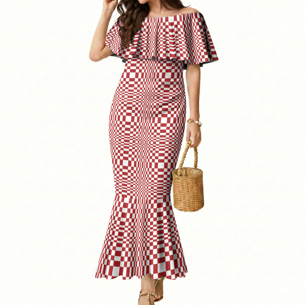 Red White Filipino Binakol Motifs Mermaid Dress Mabuhay Philippines Festival Kusikus Pattern LT14 Women Red - Polynesian Pride