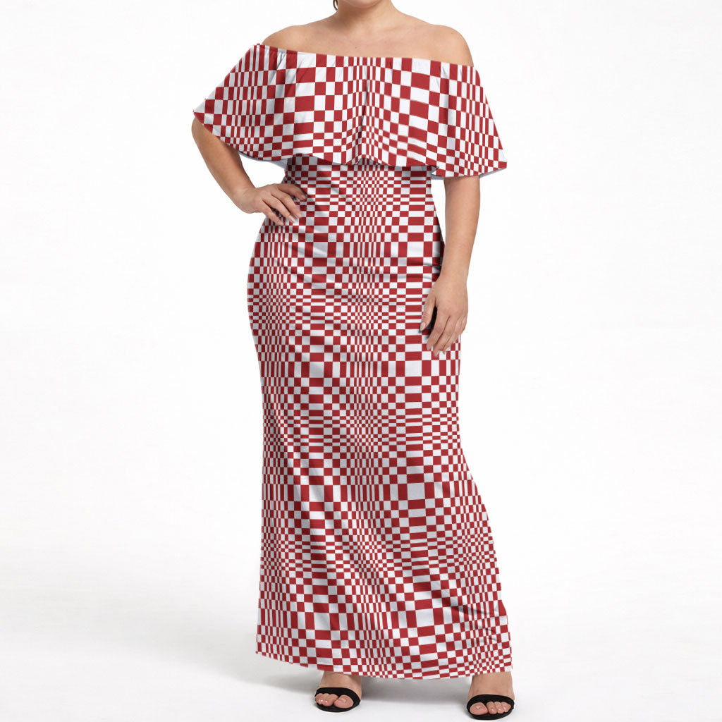 Red White Filipino Binakol Motifs Off Shoulder Maxi Dress Mabuhay Philippines Festival Kusikus Pattern LT14 Women Red - Polynesian Pride