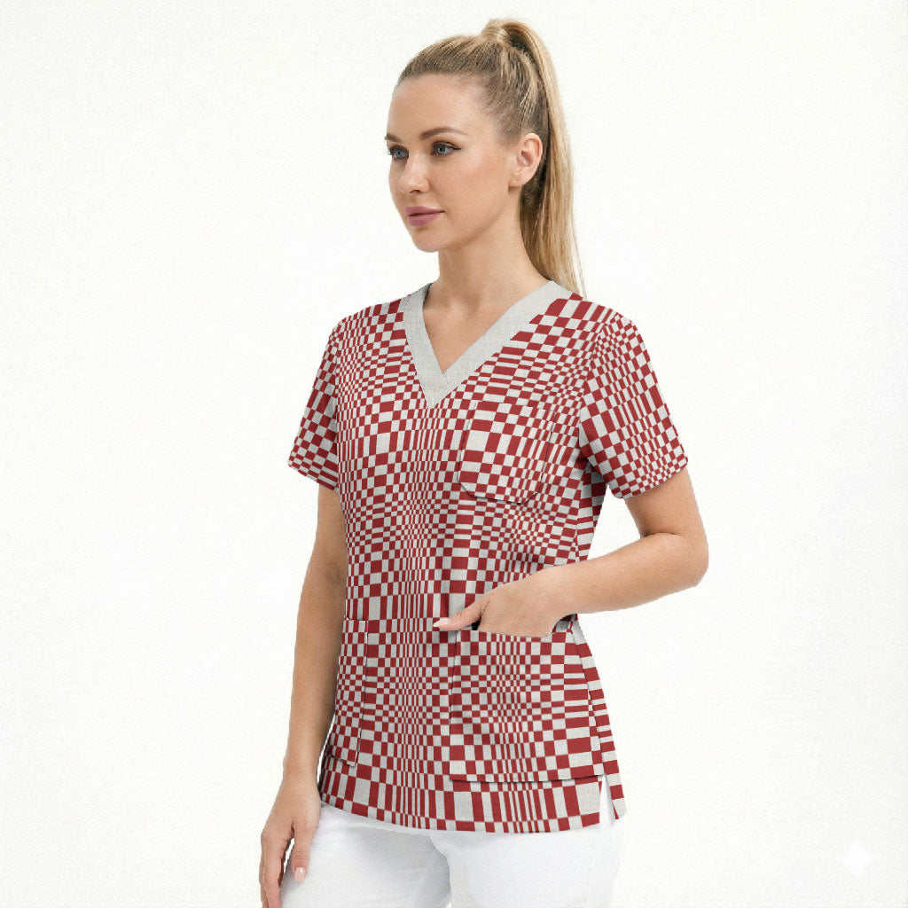 Red White Filipino Binakol Motifs Scrub Top Mabuhay Philippines Festival Kusikus Pattern LT14 - Polynesian Pride