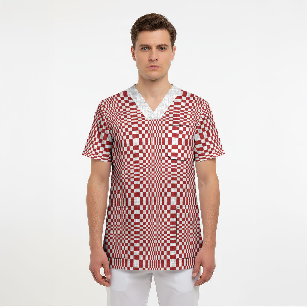 Red White Filipino Binakol Motifs Scrub Top Mabuhay Philippines Festival Kusikus Pattern LT14 - Polynesian Pride