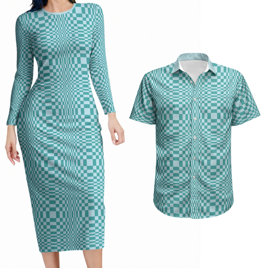 Cyan Filipino Binakol Motifs Couples Matching Long Sleeve Bodycon Dress and Hawaiian Shirt Mabuhay Philippines Festival Kusikus Pattern LT14 Cyan - Polynesian Pride