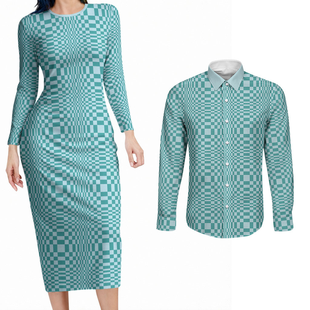 Cyan Filipino Binakol Motifs Couples Matching Long Sleeve Bodycon Dress and Long Sleeve Button Shirt Mabuhay Philippines Festival Kusikus Pattern LT14 Cyan - Polynesian Pride