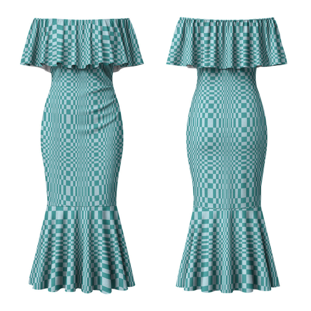 Cyan Filipino Binakol Motifs Couples Matching Mermaid Dress and Long Sleeve Button Shirt Mabuhay Philippines Festival Kusikus Pattern LT14 - Polynesian Pride