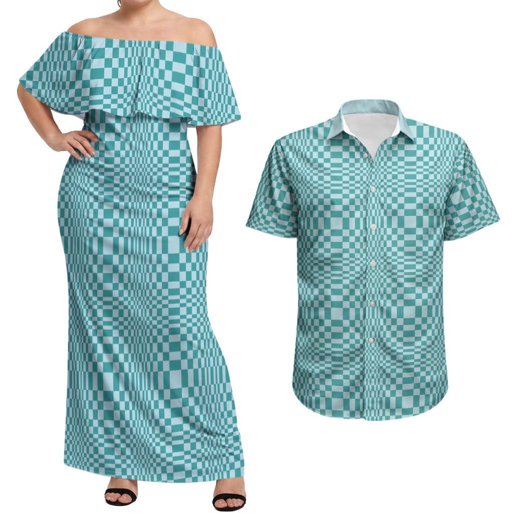 Cyan Filipino Binakol Motifs Couples Matching Off Shoulder Maxi Dress and Hawaiian Shirt Mabuhay Philippines Festival Kusikus Pattern LT14 Cyan - Polynesian Pride