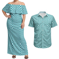 Cyan Filipino Binakol Motifs Couples Matching Off Shoulder Maxi Dress and Hawaiian Shirt Mabuhay Philippines Festival Kusikus Pattern LT14 Cyan - Polynesian Pride