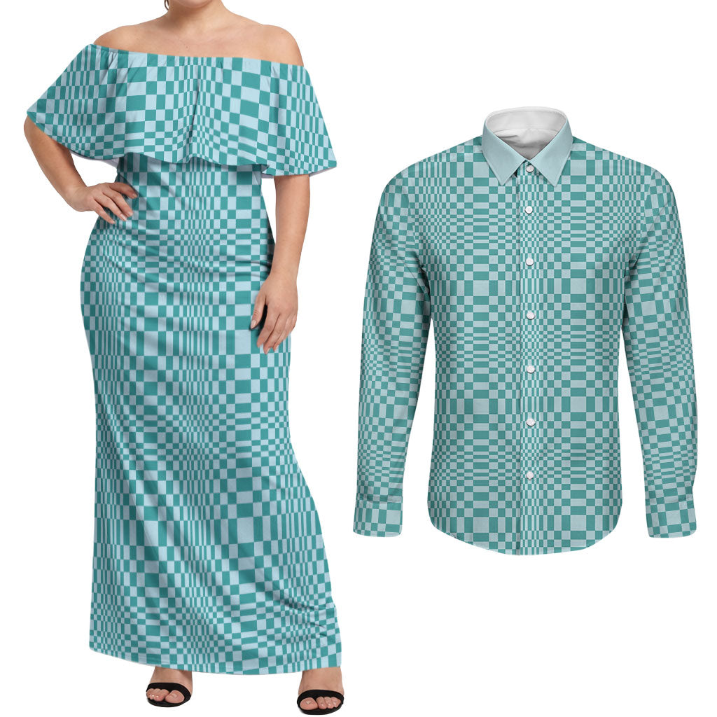 Cyan Filipino Binakol Motifs Couples Matching Off Shoulder Maxi Dress and Long Sleeve Button Shirt Mabuhay Philippines Festival Kusikus Pattern LT14 Cyan - Polynesian Pride