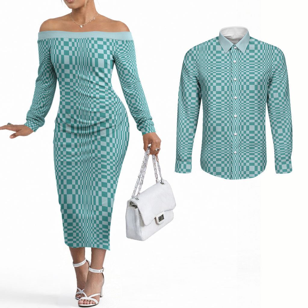 Cyan Filipino Binakol Motifs Couples Matching Off The Shoulder Long Sleeve Dress and Long Sleeve Button Shirt Mabuhay Philippines Festival Kusikus Pattern LT14 Cyan - Polynesian Pride