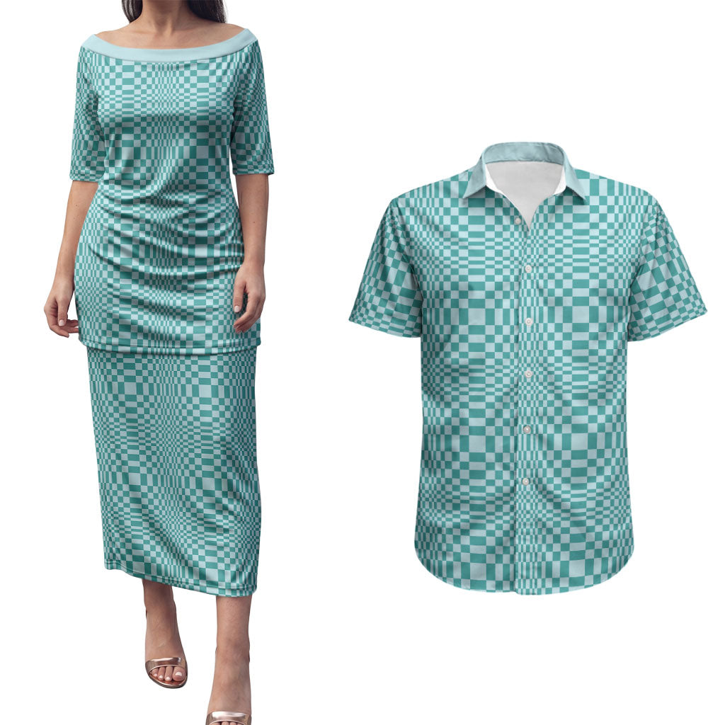 Cyan Filipino Binakol Motifs Couples Matching Puletasi and Hawaiian Shirt Mabuhay Philippines Festival Kusikus Pattern LT14 Cyan - Polynesian Pride