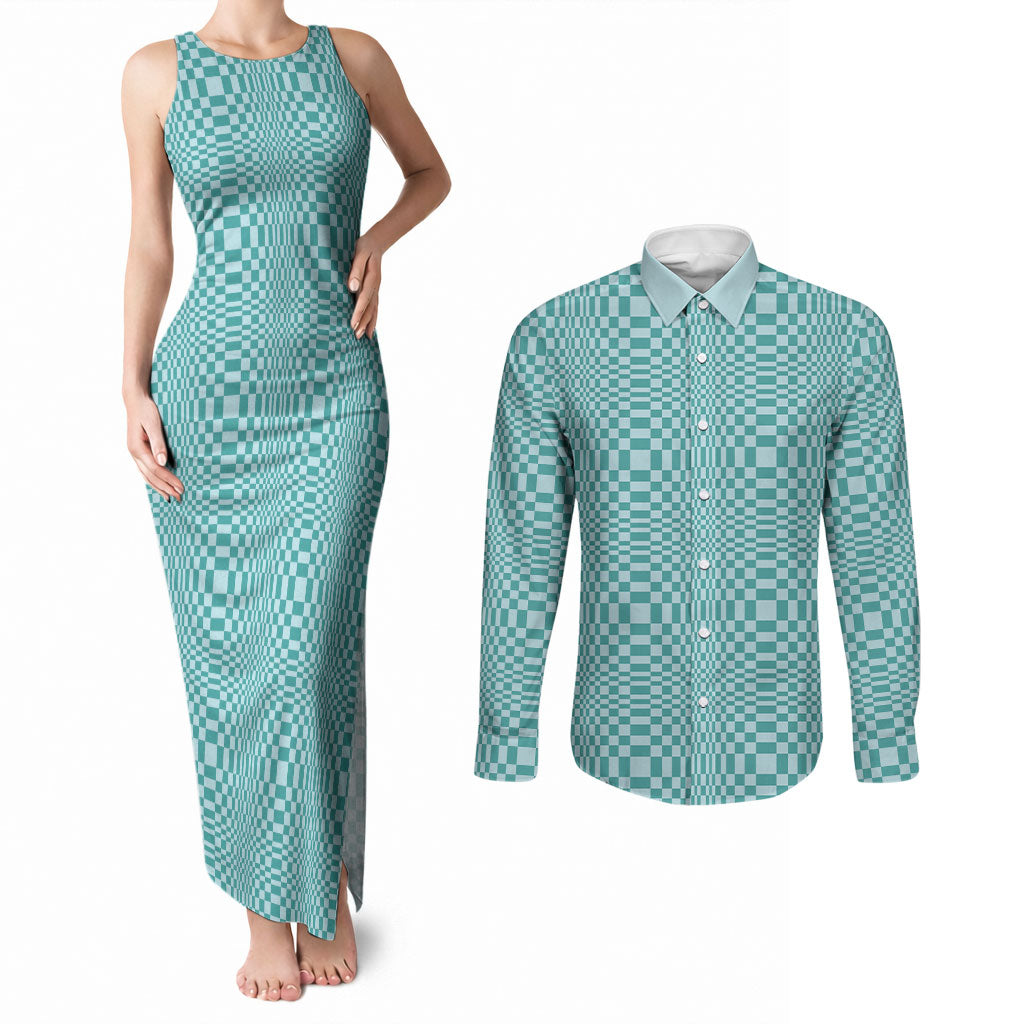 Cyan Filipino Binakol Motifs Couples Matching Tank Maxi Dress and Long Sleeve Button Shirt Mabuhay Philippines Festival Kusikus Pattern LT14 Cyan - Polynesian Pride