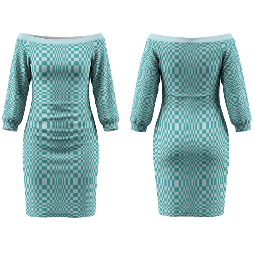 Cyan Filipino Binakol Motifs Family Matching Off The Shoulder Long Sleeve Dress and Hawaiian Shirt Mabuhay Philippines Festival Kusikus Pattern LT14 Mom's Dress Cyan - Polynesian Pride