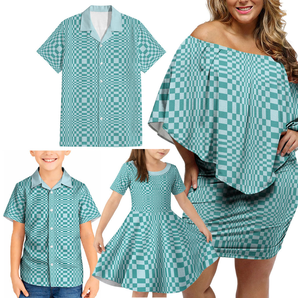 Cyan Filipino Binakol Motifs Family Matching Off Shoulder Short Dress and Hawaiian Shirt Mabuhay Philippines Festival Kusikus Pattern