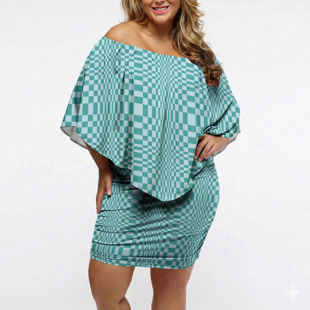 Cyan Filipino Binakol Motifs Off Shoulder Short Dress Mabuhay Philippines Festival Kusikus Pattern LT14 Women Cyan - Polynesian Pride