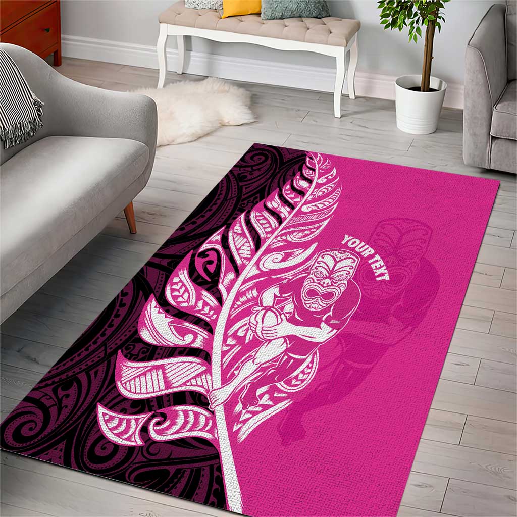 New Zealand Silver Fern Rugby Custom Area Rug All Black Maori Pattern Pink - Polynesian Pride