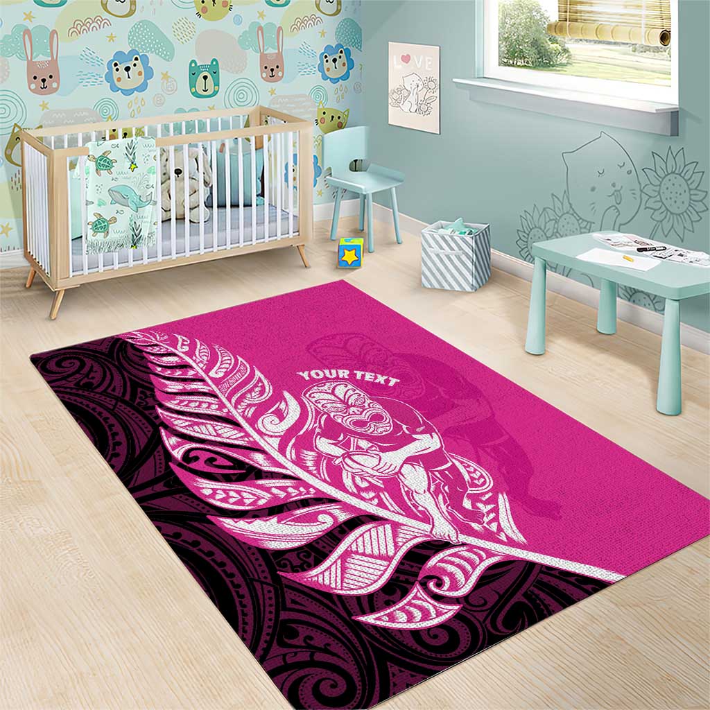 New Zealand Silver Fern Rugby Custom Area Rug All Black Maori Pattern Pink - Polynesian Pride