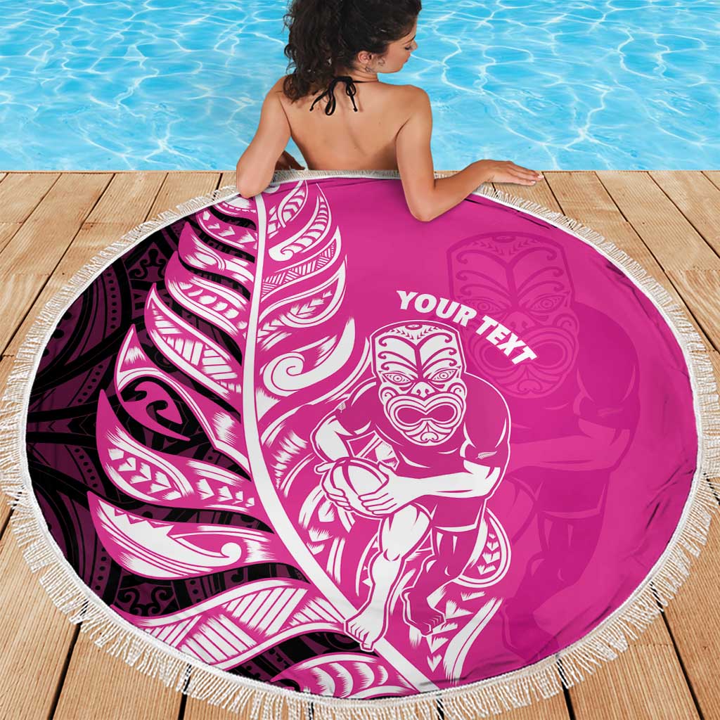 New Zealand Silver Fern Rugby Custom Beach Blanket All Black Maori Pattern Pink - Polynesian Pride