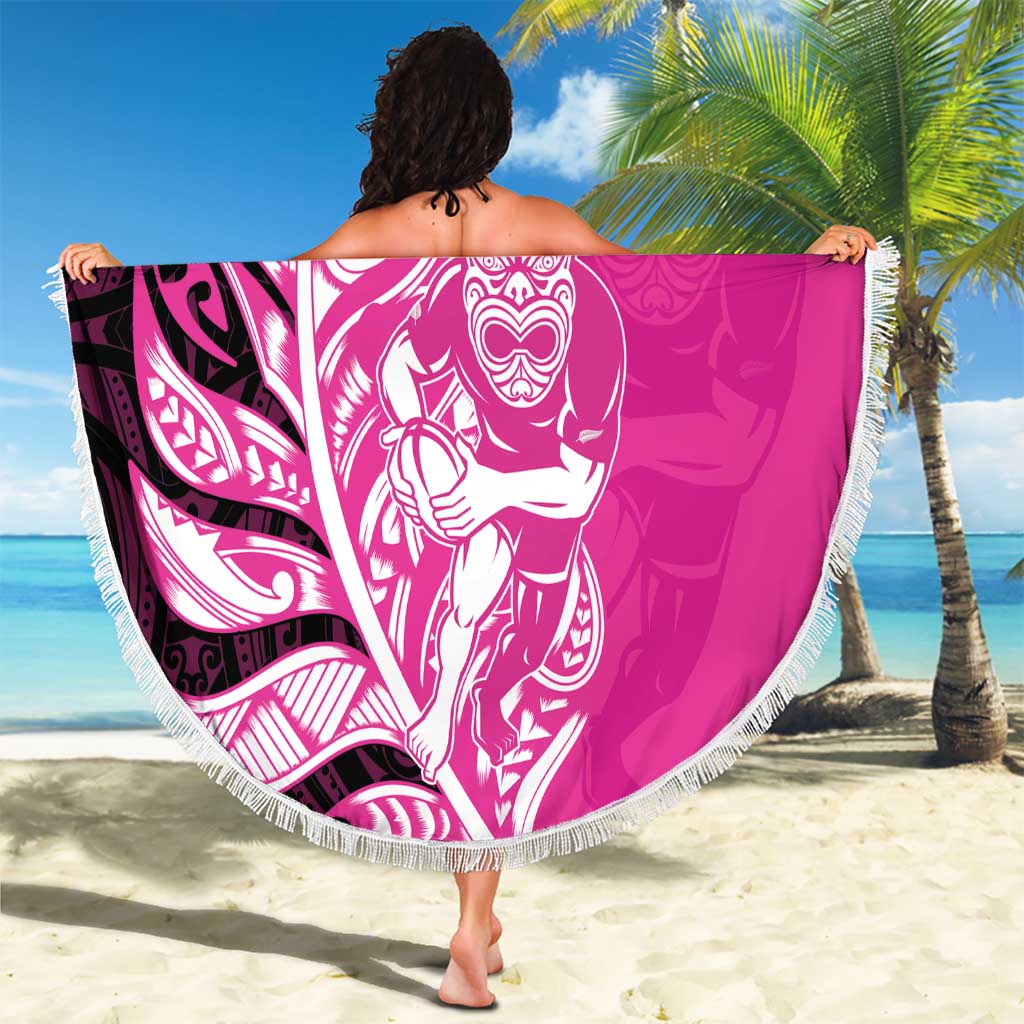 New Zealand Silver Fern Rugby Custom Beach Blanket All Black Maori Pattern Pink - Polynesian Pride