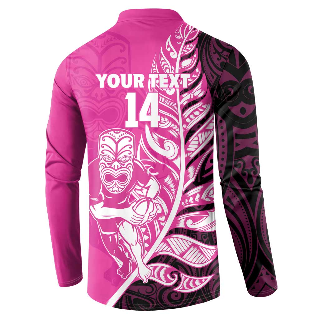 New Zealand Silver Fern Rugby Custom Button Sweatshirt All Black Maori Pattern Pink - Polynesian Pride