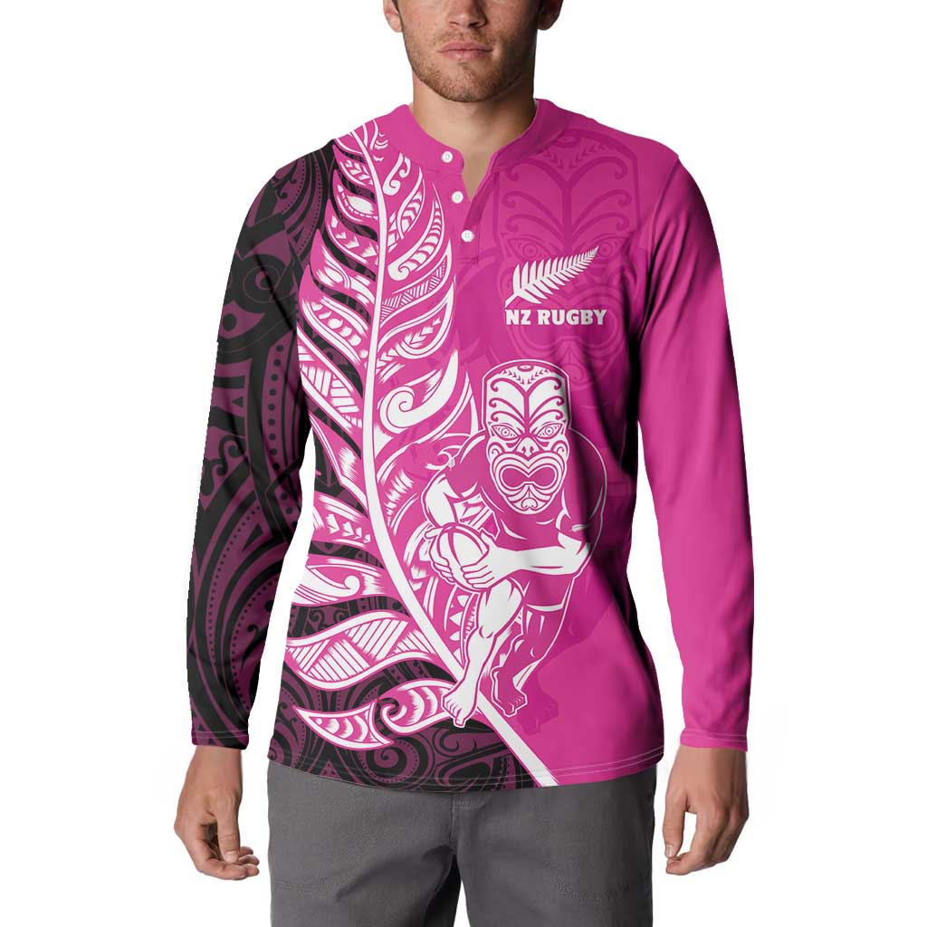 New Zealand Silver Fern Rugby Custom Button Sweatshirt All Black Maori Pattern Pink - Polynesian Pride