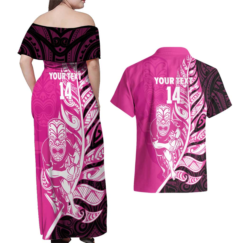 New Zealand Silver Fern Rugby Custom Couples Matching Off Shoulder Maxi Dress and Hawaiian Shirt All Black Maori Pattern Pink - Polynesian Pride