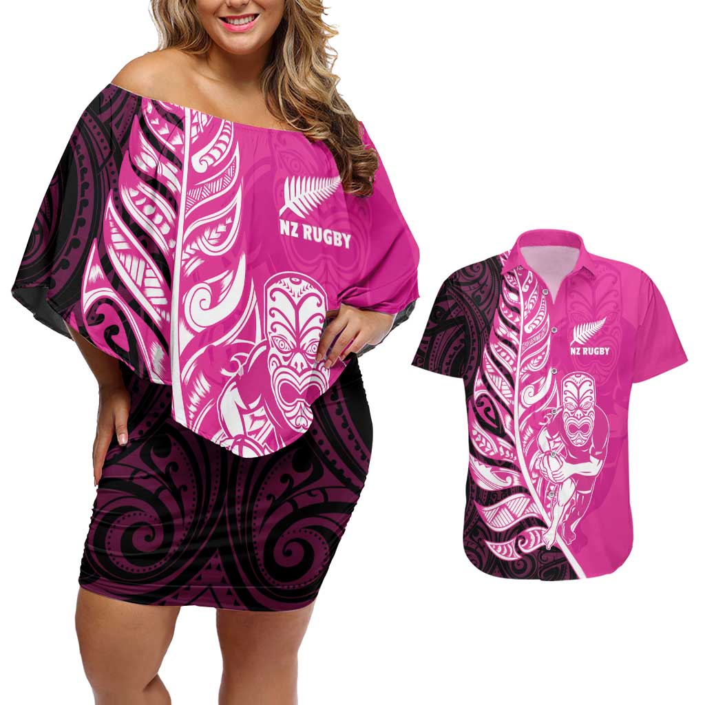 New Zealand Silver Fern Rugby Custom Couples Matching Off Shoulder Short Dress and Hawaiian Shirt All Black Maori Pattern Pink - Polynesian Pride