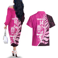 New Zealand Silver Fern Rugby Custom Couples Matching Off The Shoulder Long Sleeve Dress and Hawaiian Shirt All Black Maori Pattern Pink - Polynesian Pride