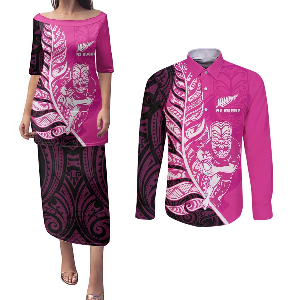 New Zealand Silver Fern Rugby Custom Couples Matching Puletasi and Long Sleeve Button Shirt All Black Maori Pattern Pink - Polynesian Pride