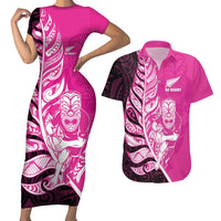 New Zealand Silver Fern Rugby Custom Couples Matching Short Sleeve Bodycon Dress and Hawaiian Shirt All Black Maori Pattern Pink - Polynesian Pride