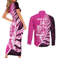New Zealand Silver Fern Rugby Custom Couples Matching Short Sleeve Bodycon Dress and Long Sleeve Button Shirt All Black Maori Pattern Pink - Polynesian Pride