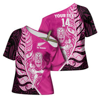 New Zealand Silver Fern Rugby Custom Cross Shoulder Shirt All Black Maori Pattern Pink - Polynesian Pride